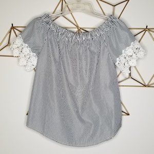 Off the Shoulder Pin Stripe Blouse with White Lace